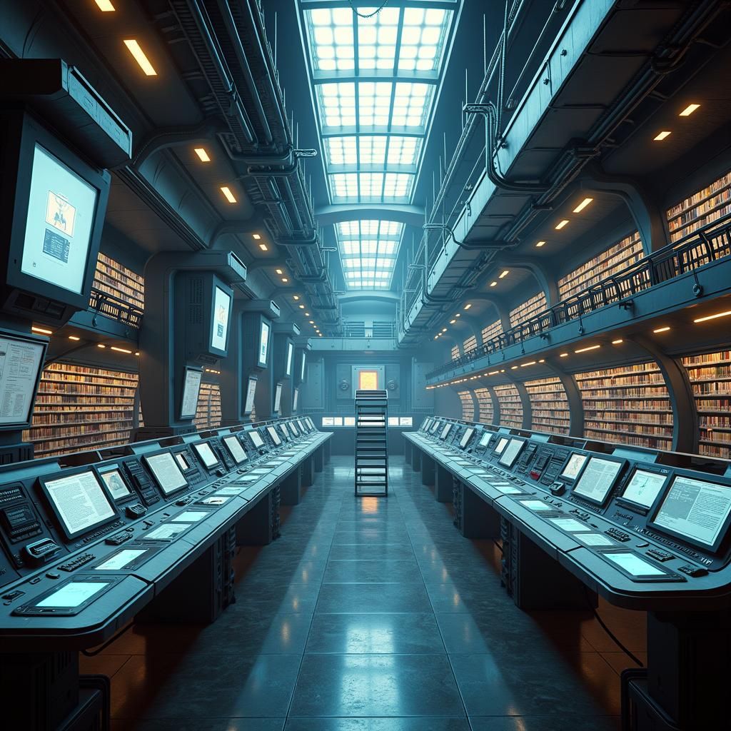 Futuristic Galaxy Library with Holographic Displays