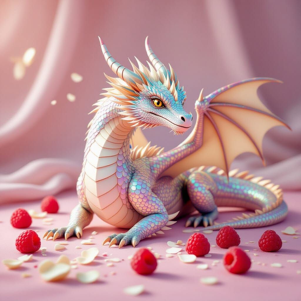 Majestic Dragon on Pink Surface with Raspberries