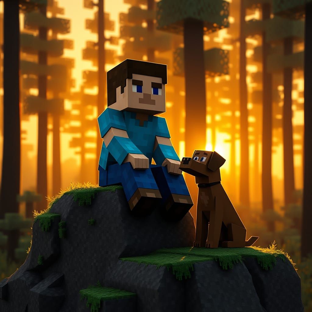 Minecraft Steve Enjoys Sunset with Loyal Blocky Dog Companio...