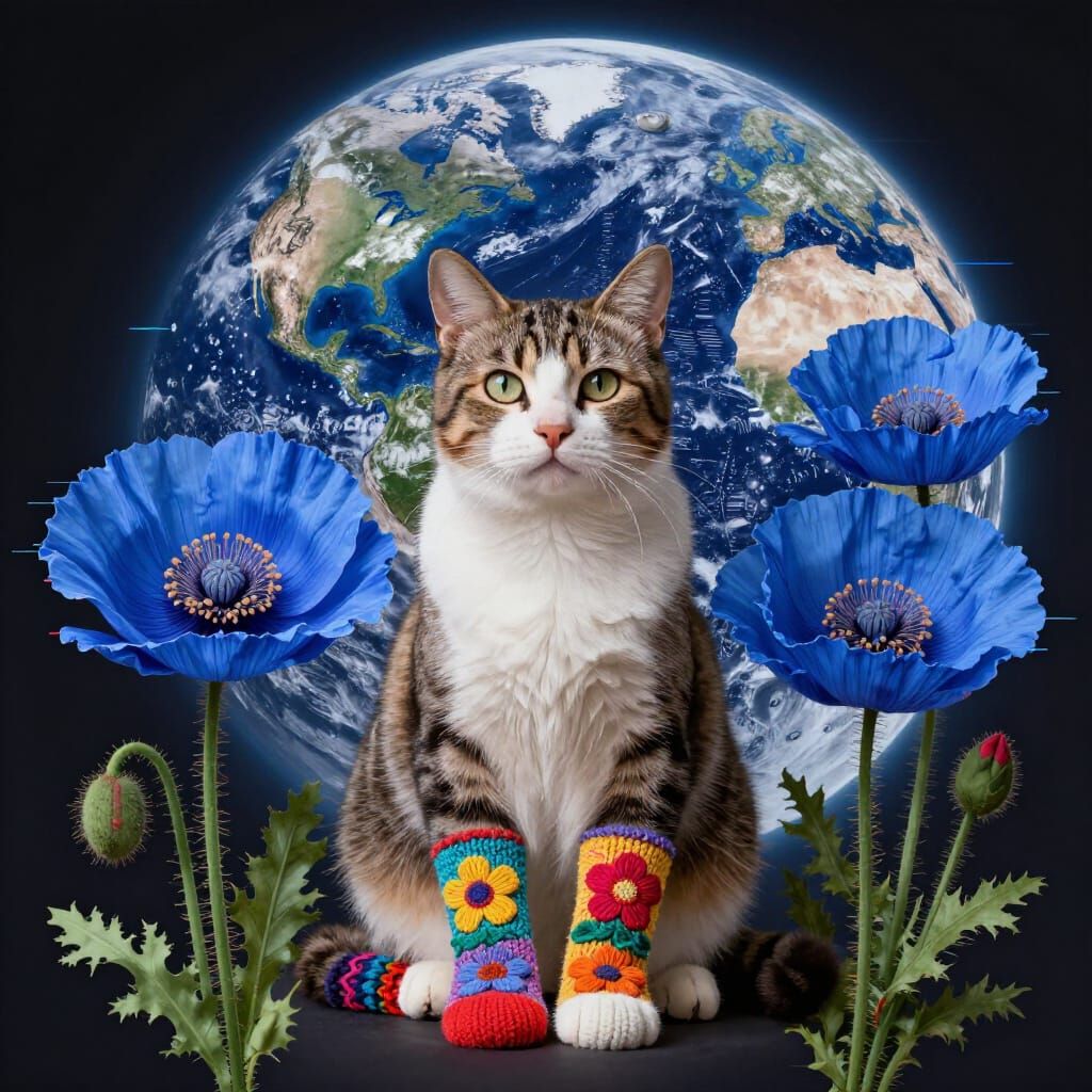 Millennial Cat on Blue Poppy with Hippie Socks