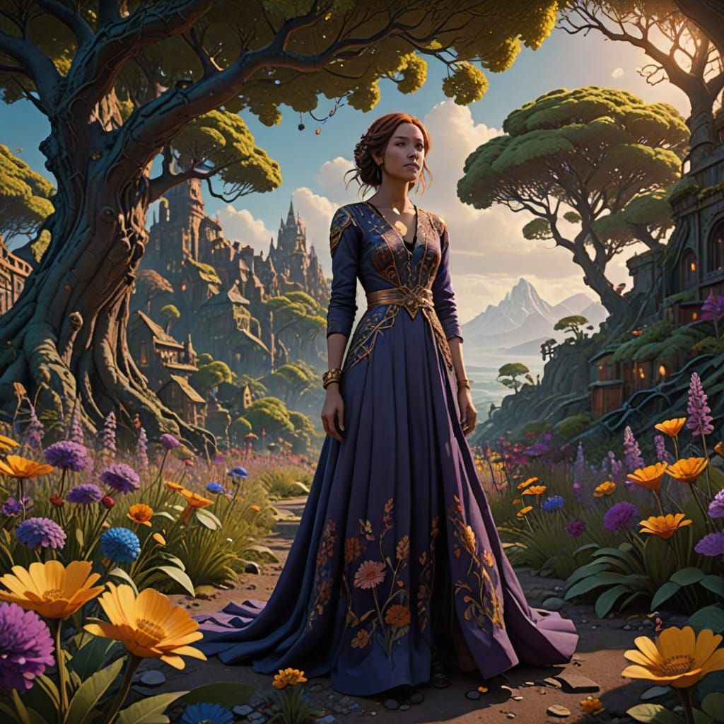 Serene Woman in a Dreamlike Floral Garden