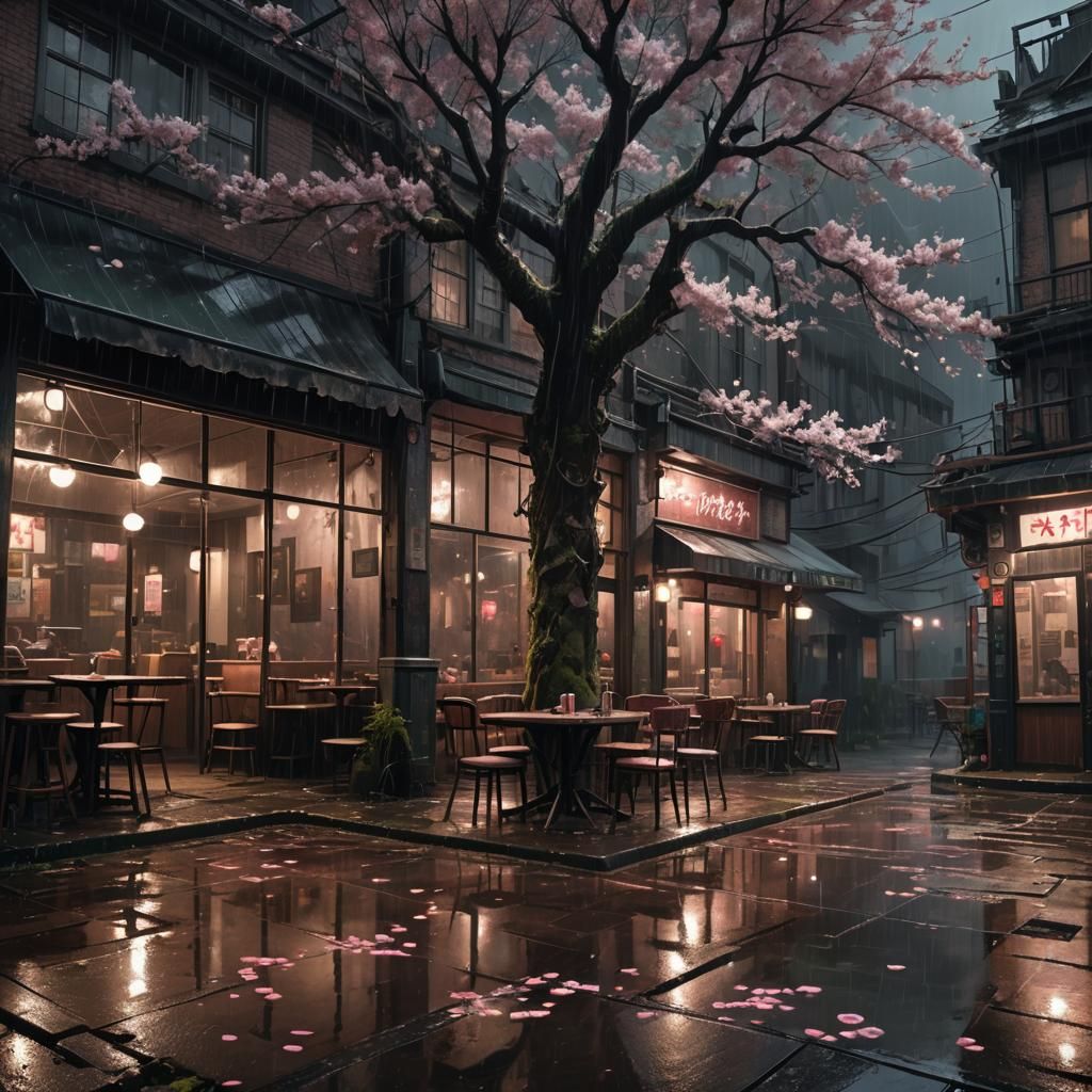 Rainy Dark Fantasy Cafe with Cherry Blossoms