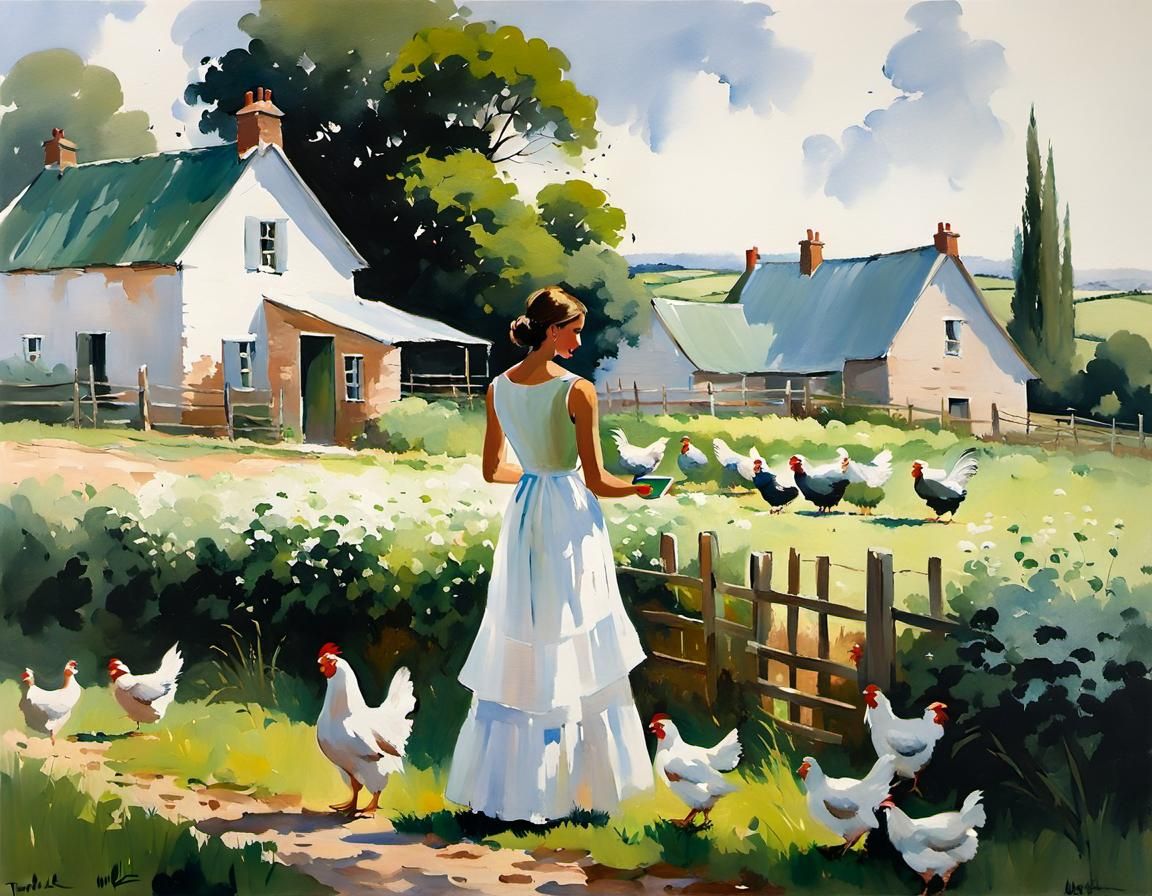 Woman Feeding Chickens: Impressionistic Farm Painting