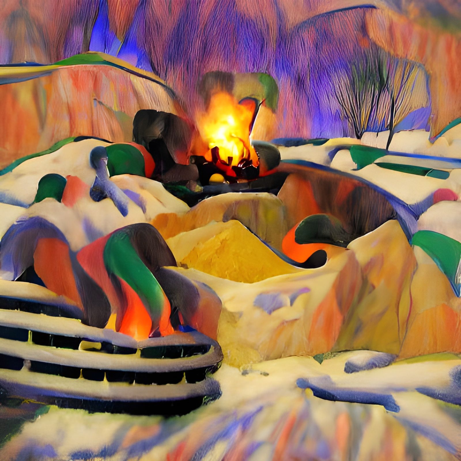 Open Fire Pit in Snowy Landscape: Fauvist Art Deco
