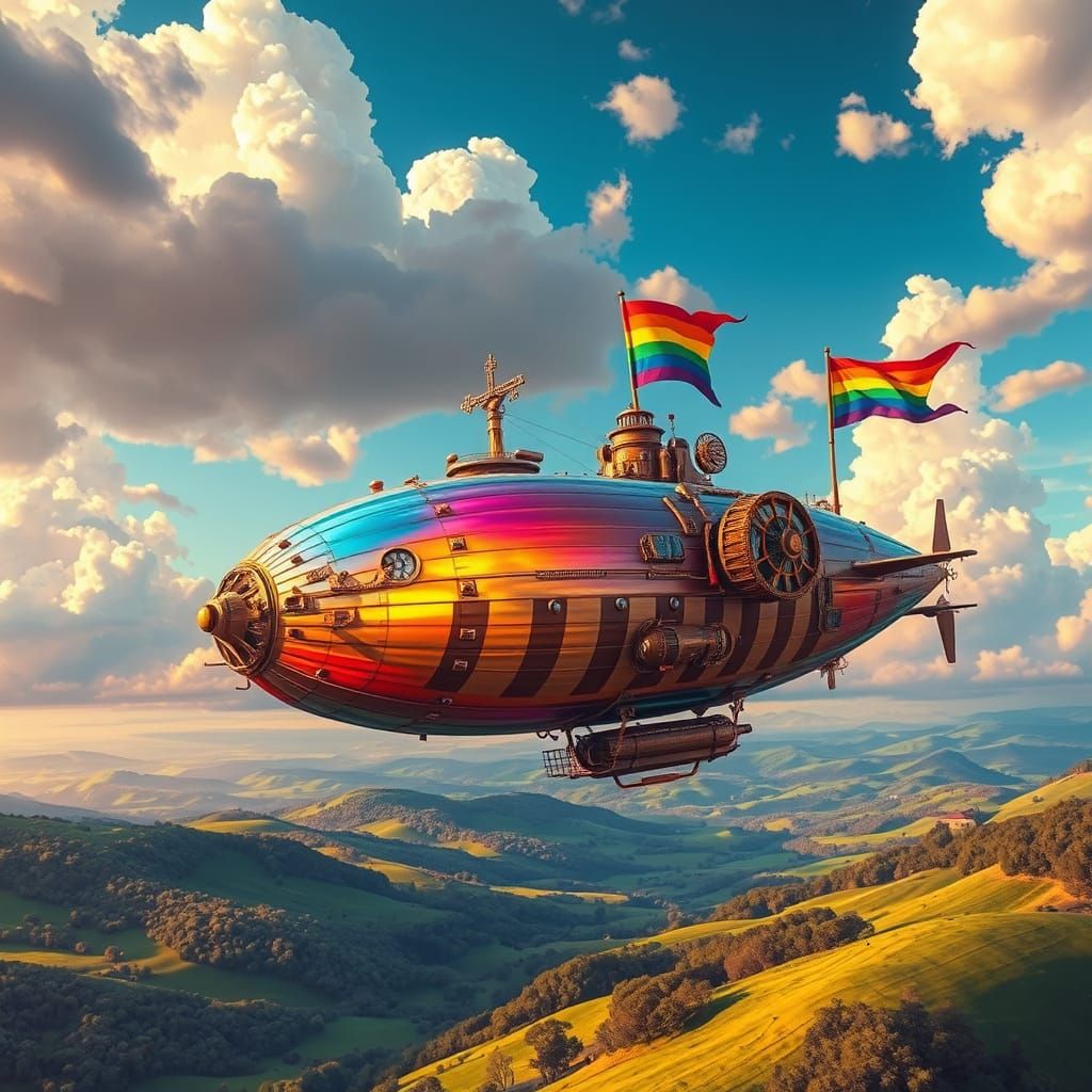 Steampunk Airship with Rainbow Flag in Psychedelic Sky