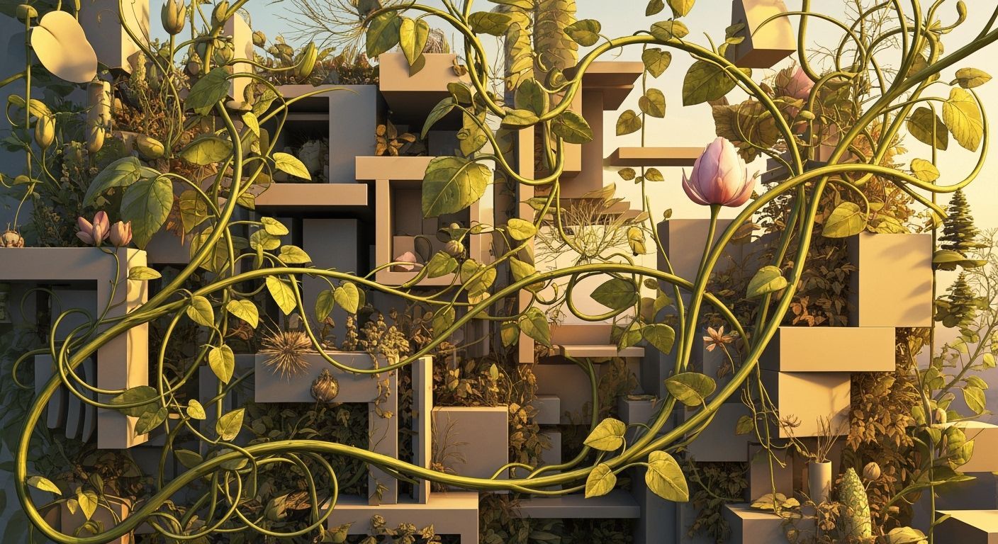 Surreal Botanical Vines Meet Geometric Forms in Golden Hour