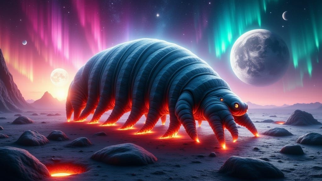 Hyperrealistic Tardigrade Merged with Cosmic Lunar Landscape