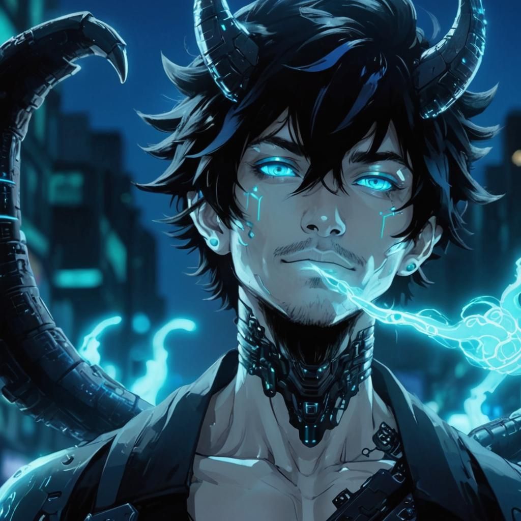 Cybernetic Fae Man in Neon City