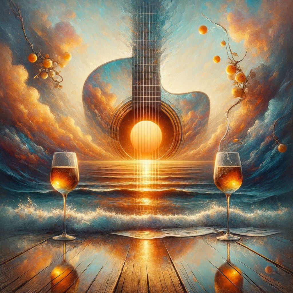 Surreal Guitar Horizon Over Dancing Sunset Sea
