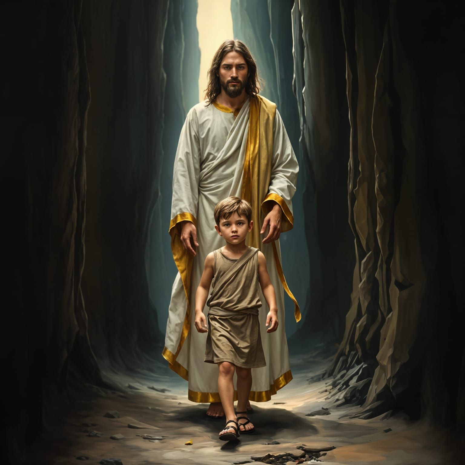 Jesus Watches Over a Young Boy in a Treacherous Landscape