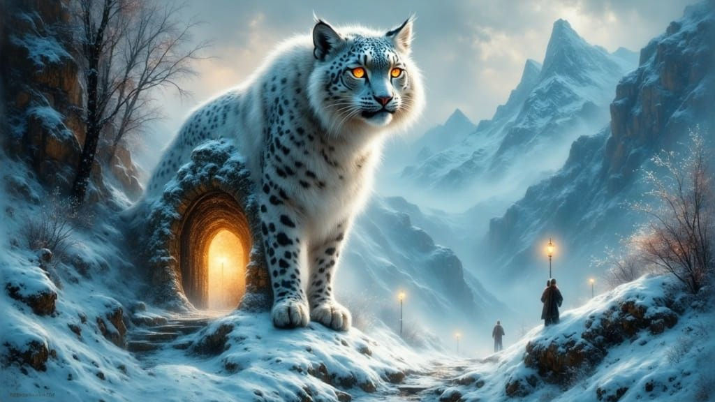 Regal Feline Guardian at Ancient Snow Portal in Ethereal Lan...