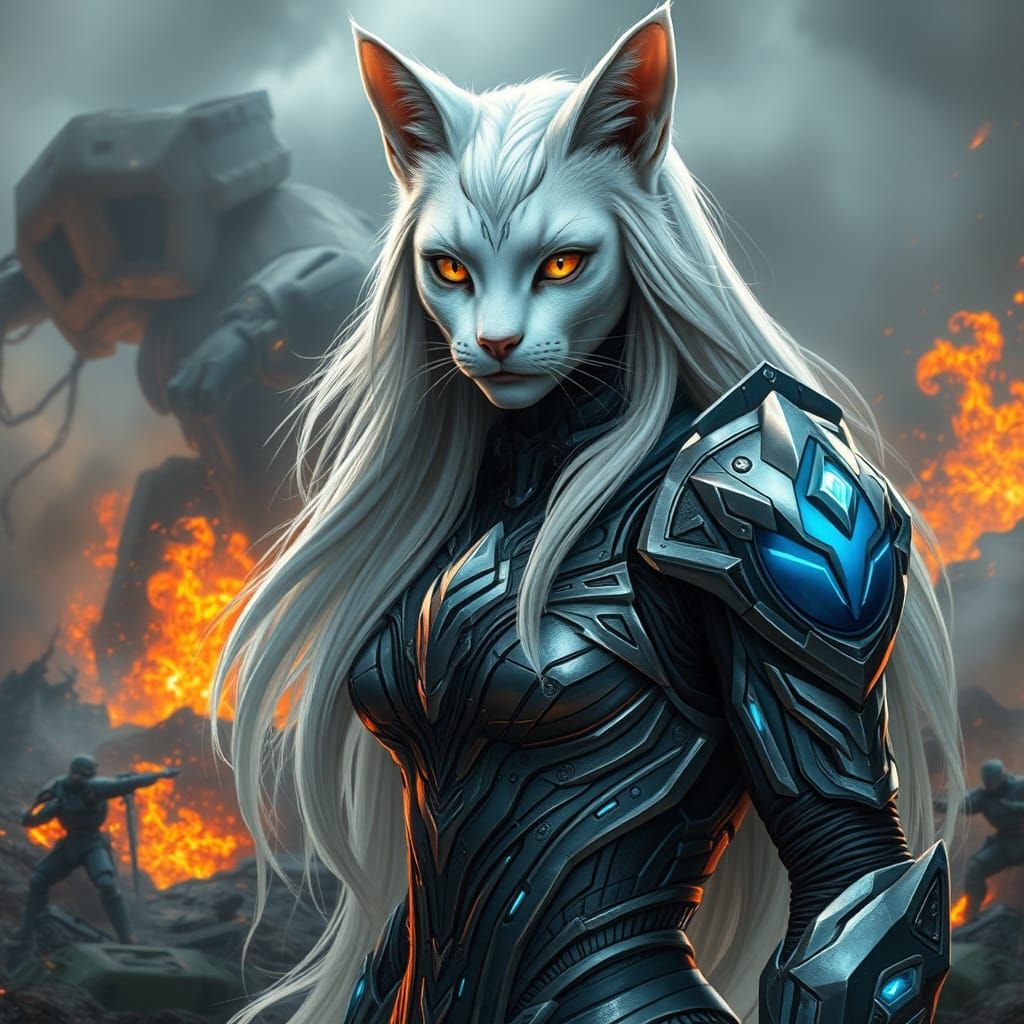 Cyberpunk Feline Warrior in High-Tech Armor