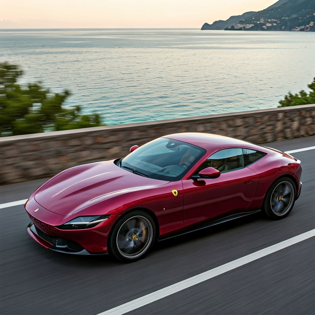 Ferrari Roma Drives Amalfi Coast at Sunset