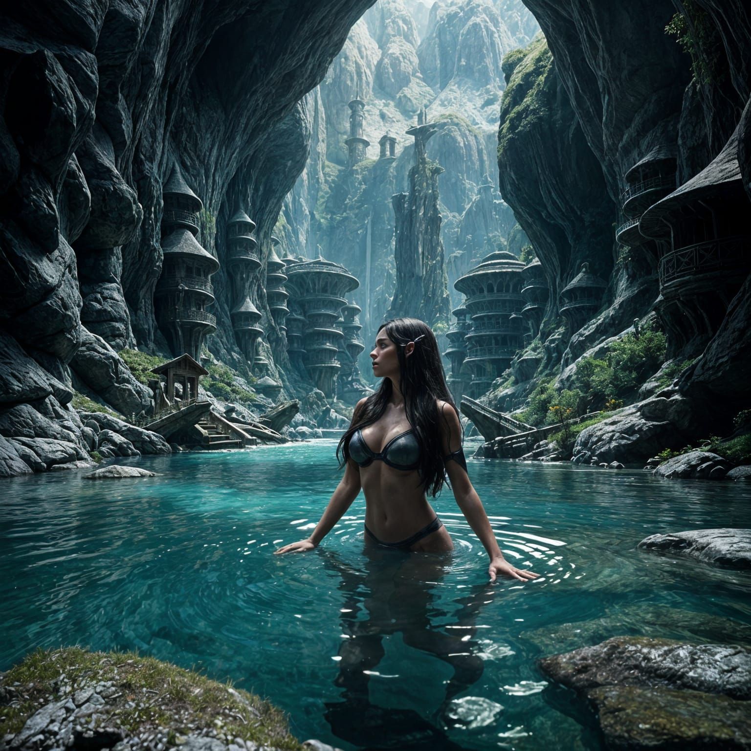 Ethereal Dark Elf Metropolis in Mystical Mountain Stronghold