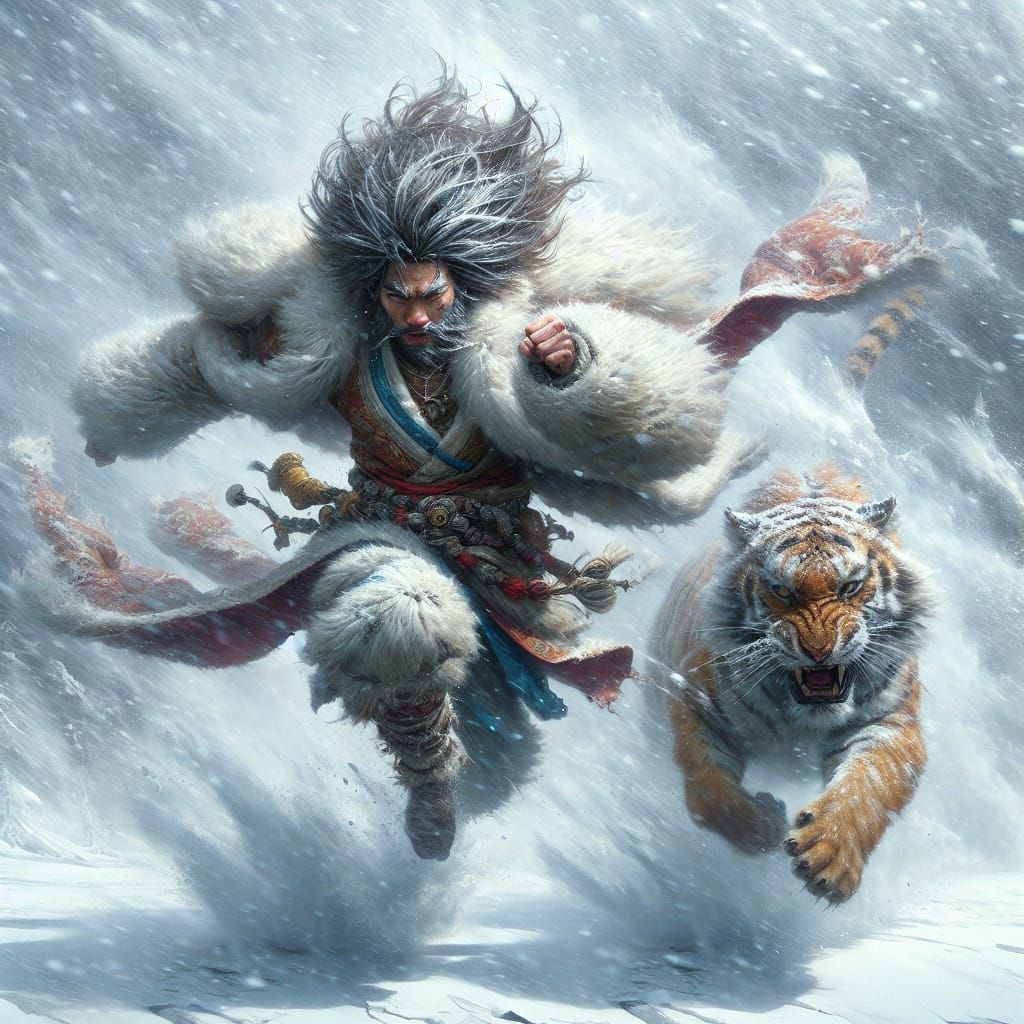 Dramatic Asian Monkey King in Snowy Storm