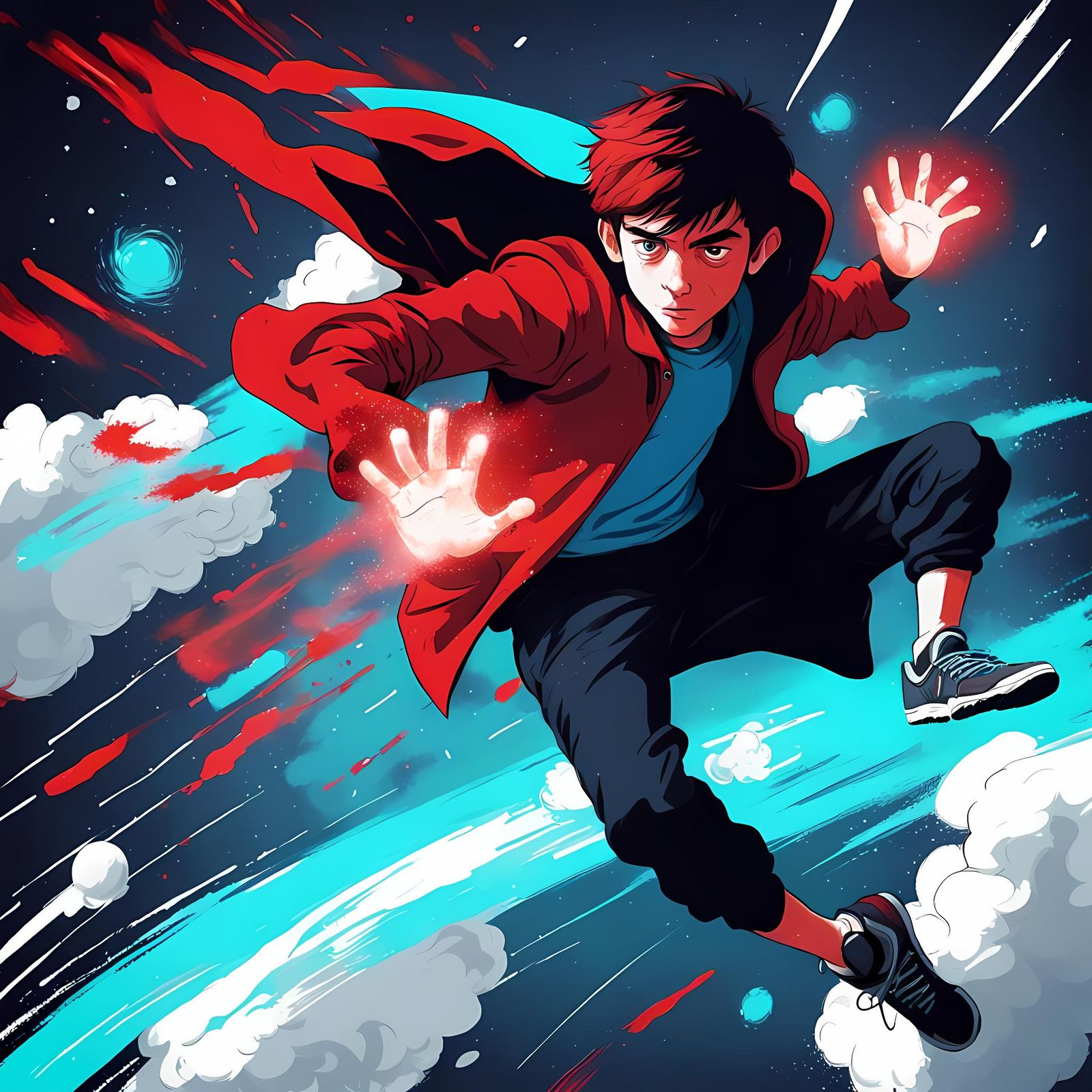 Boy with Red Magic and Particle Effects