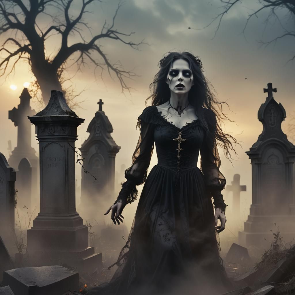 Demonic Spirit Rising in Gothic Cemetery Illustration