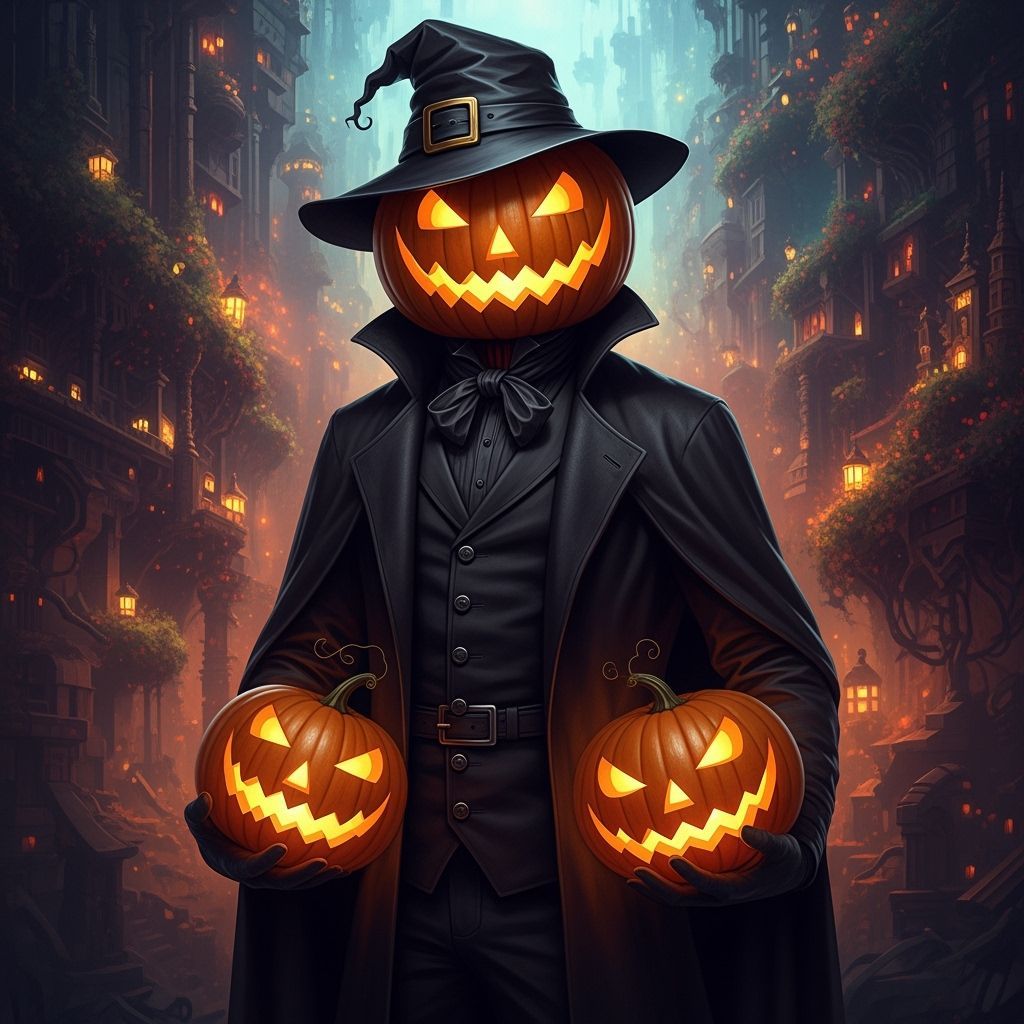 Pumpkin Head Man in Black with Lit Pumpkins