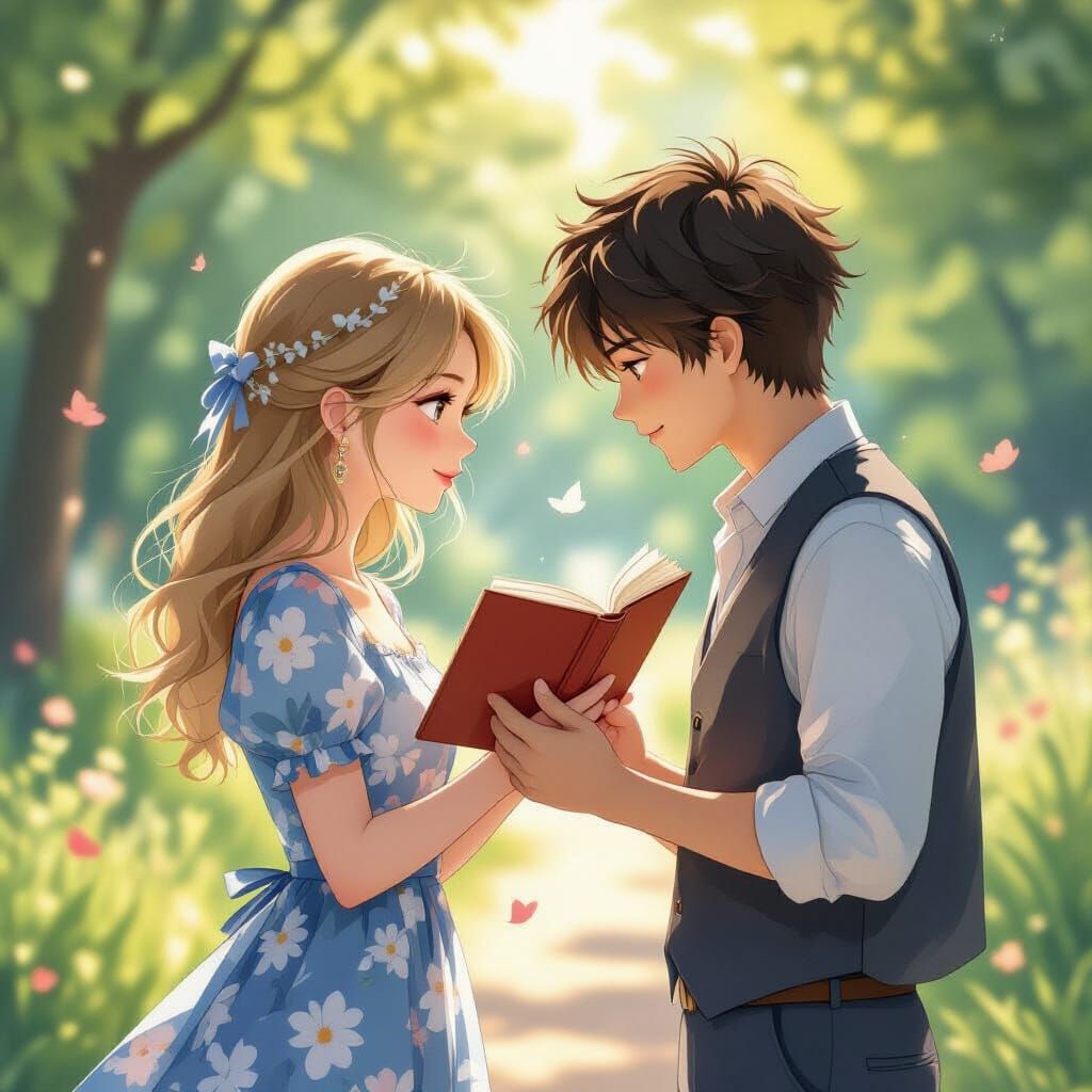 Romantic Moment with Falling Book, in Whimsical Style