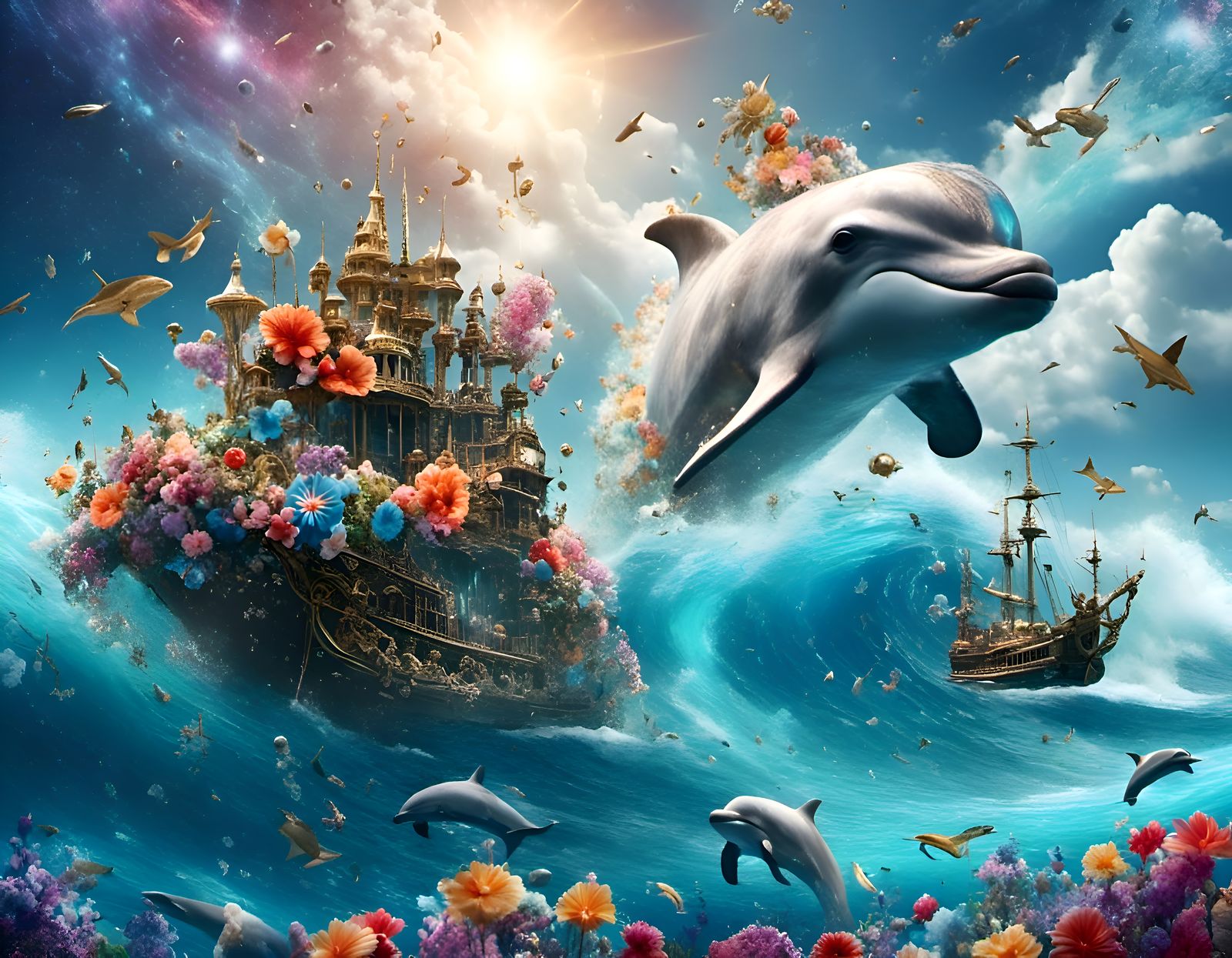 Unicorns and Dolphins in a Galaxy of Flowers