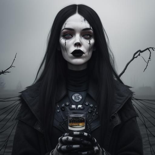 Goth Model and Coffee Robot in Winter Fog