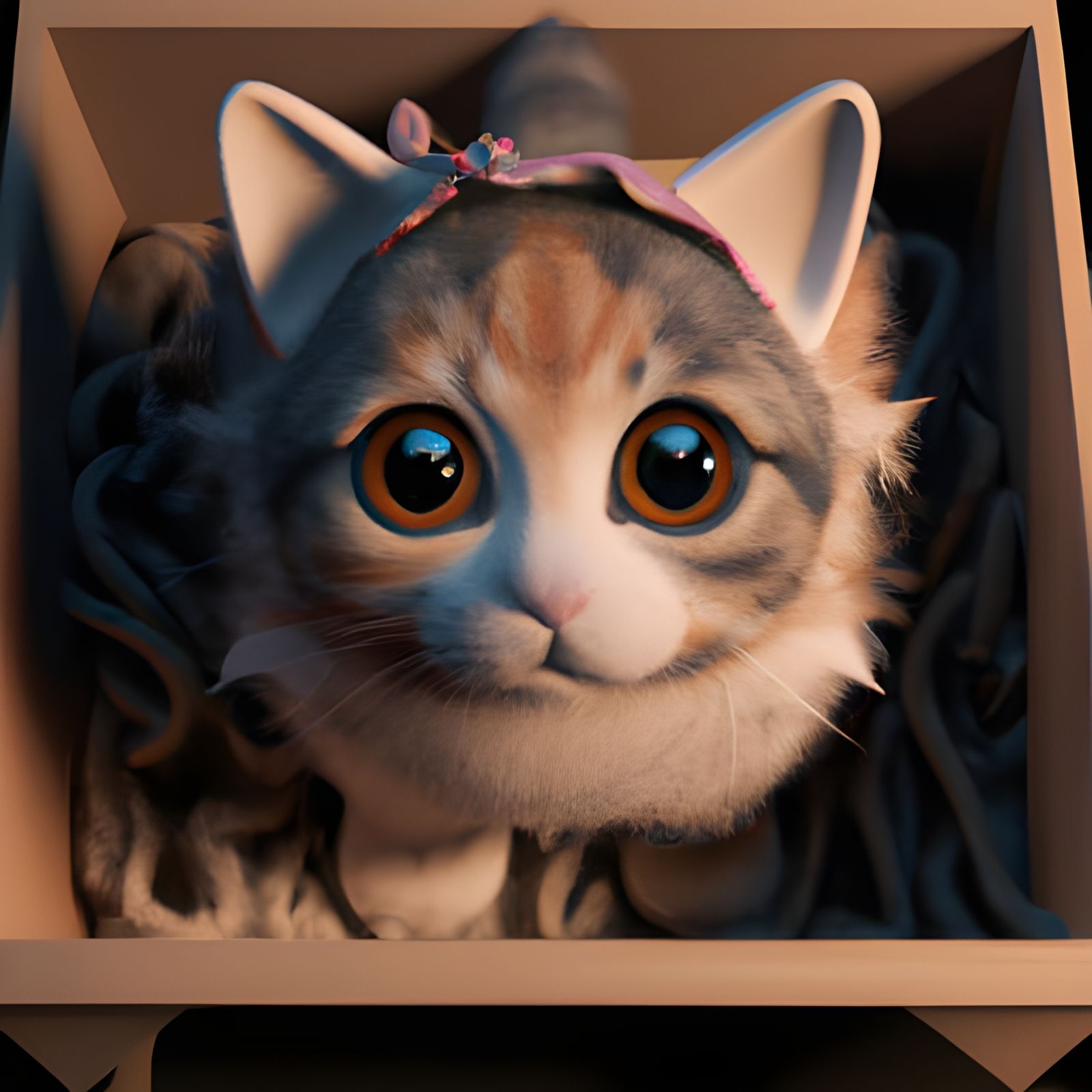 Cute Cat in Box, Detailed Digital Art