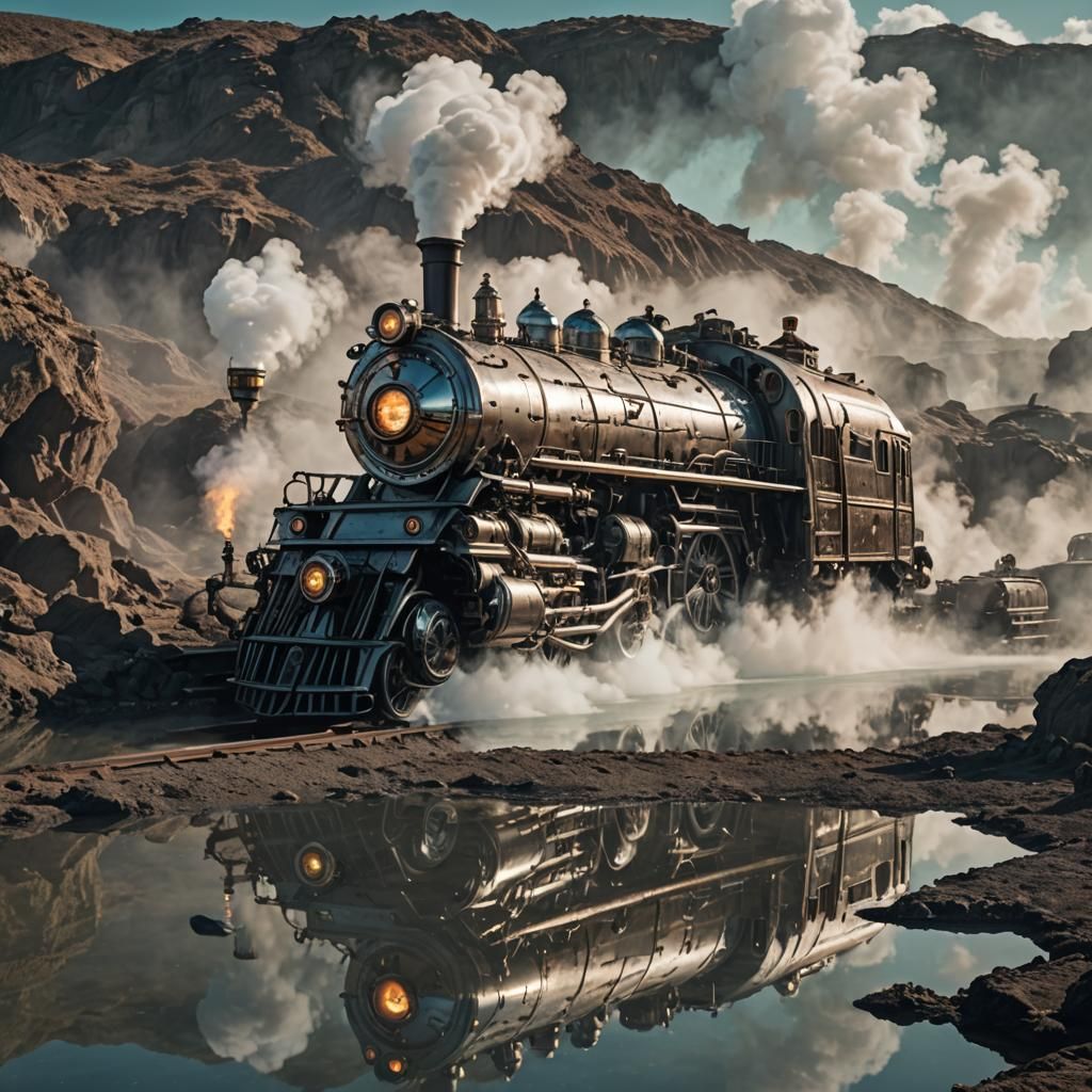 Chrome Steampunk Train on Alien Lagoon