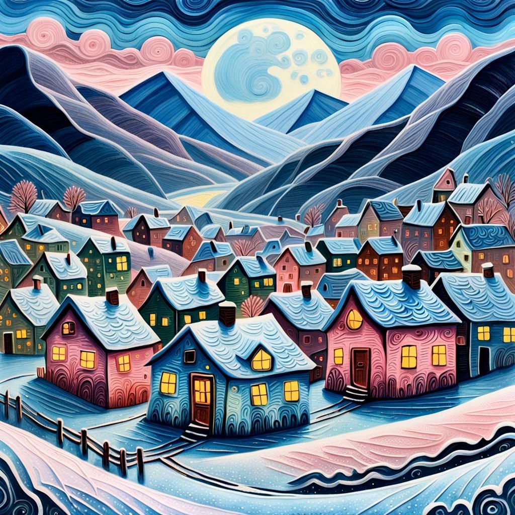 Snowy Village Impressionism in Winter Enamel Pin Art