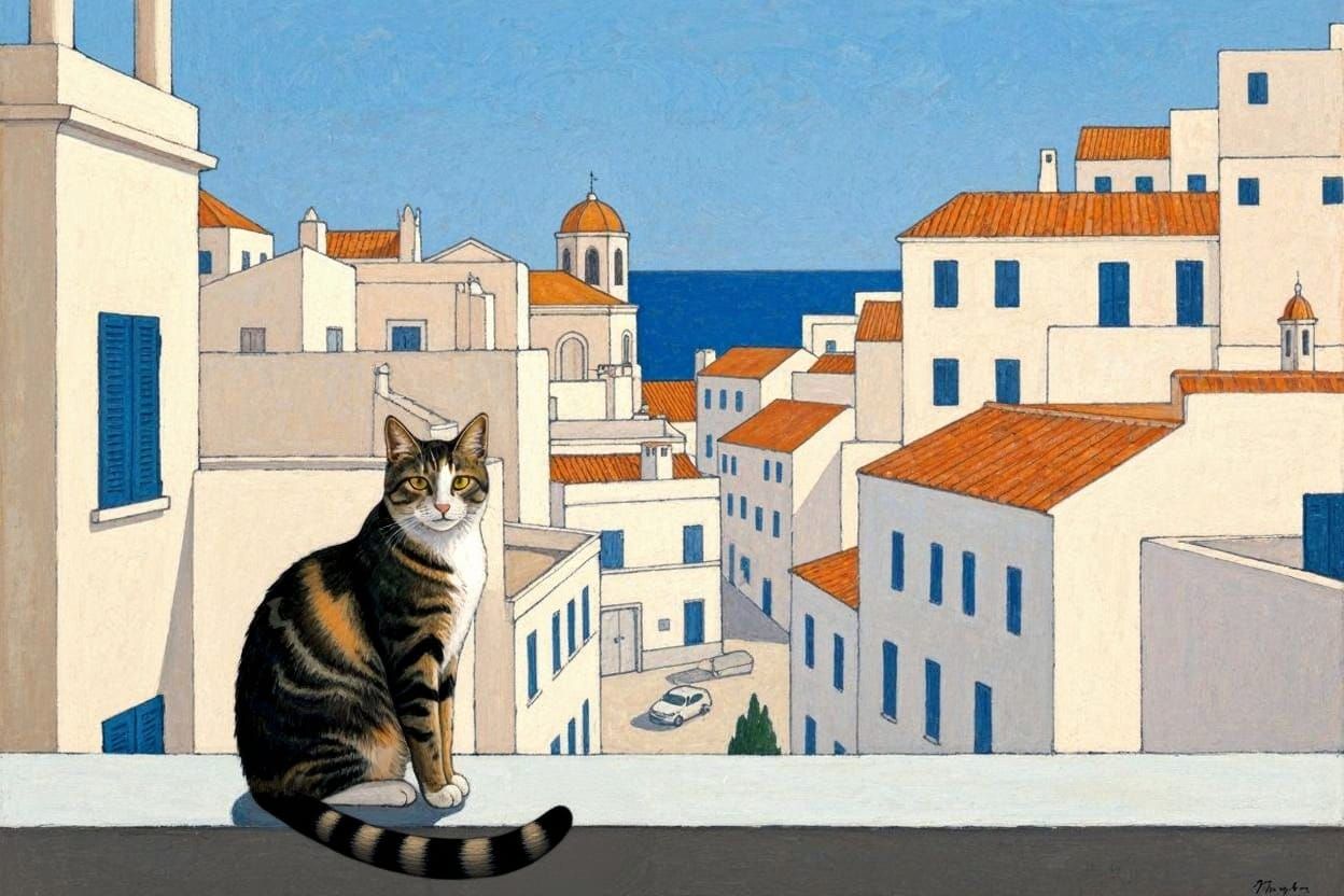 Style of David Hockney, a cat sitting on a balcony overlooki...