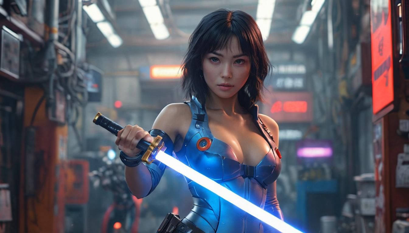 Futuristic Japanese Woman with Laser Sword in Comic Art