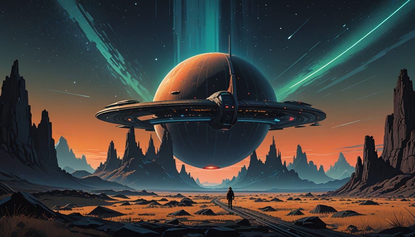 Vast Celestial Plain Illuminated by Aurora and Glowing Plane...