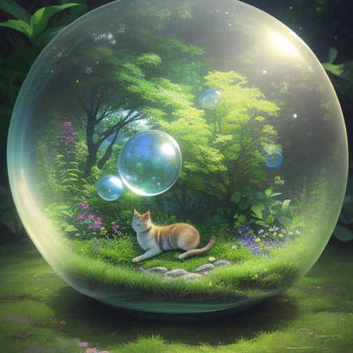 Kitten in Dreamy, Glowing Bubble Scene