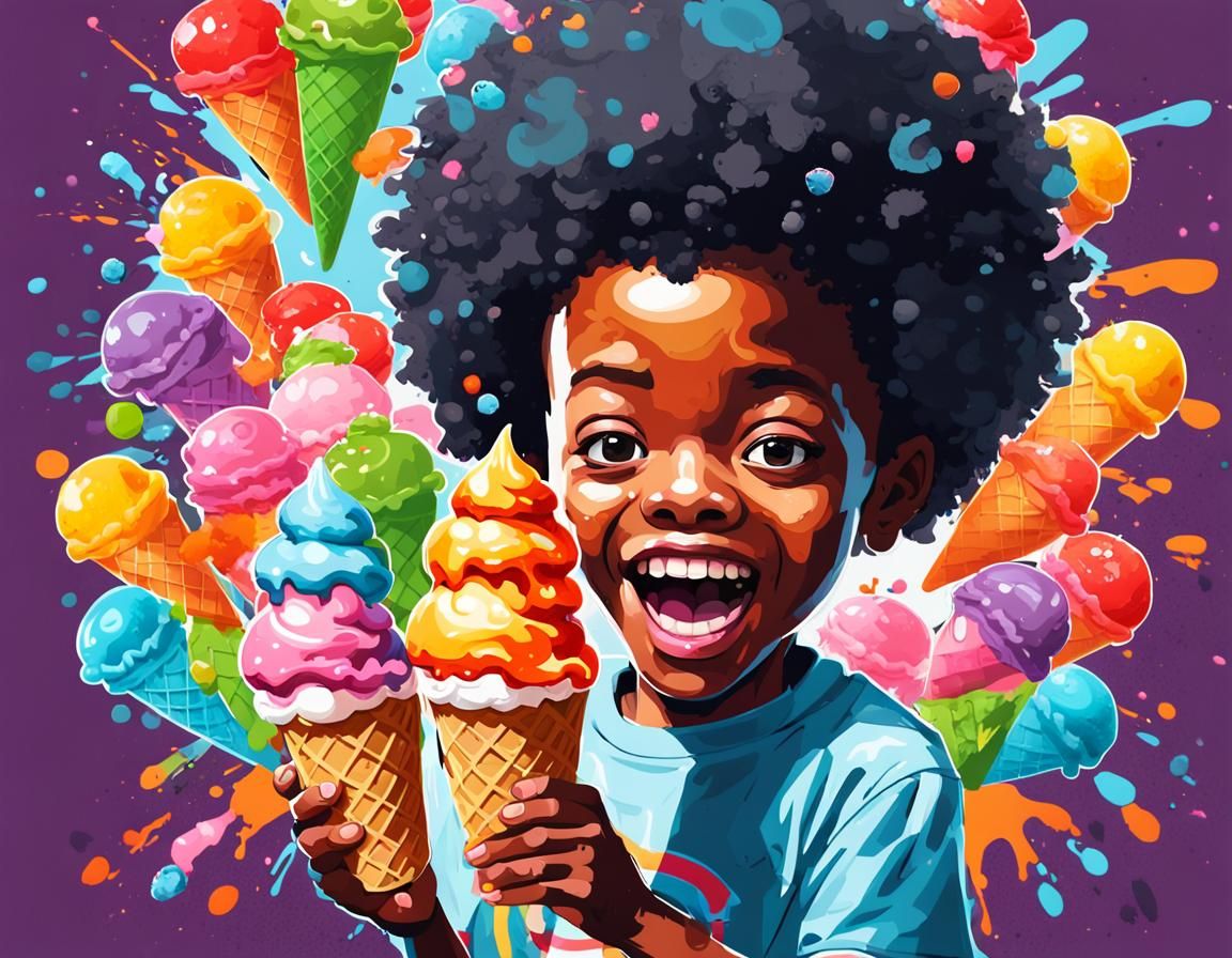 Happy Kid with Towering Ice Cream Cone