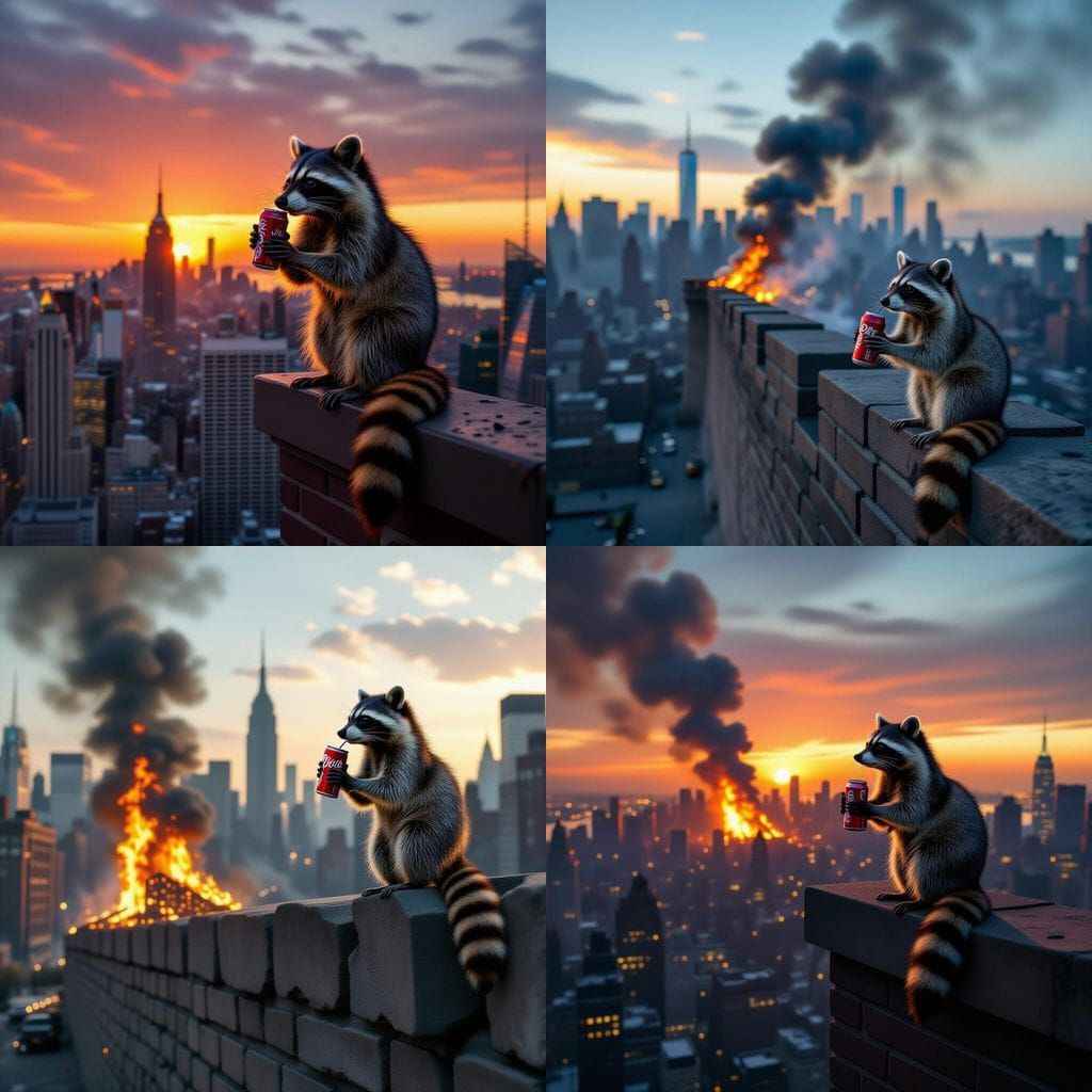 Burning NYC Wall With Raccoon Drinking Soda