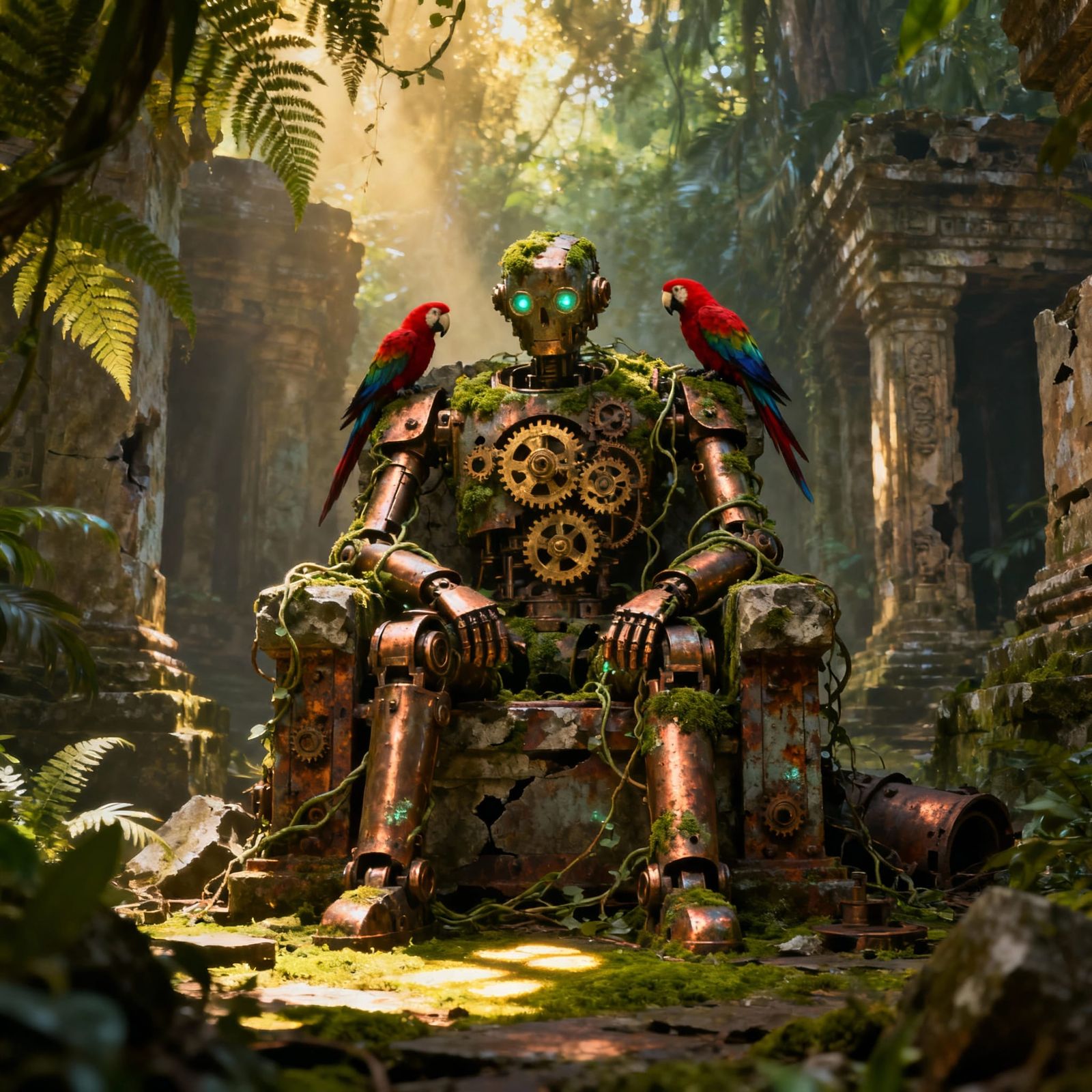 Ancient Automaton on Jungle Throne in Steampunk Fantasy Styl...