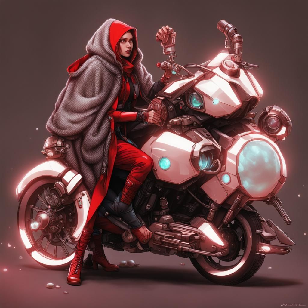 Red Riding Hood in Cyberpunk Neon Cityscape