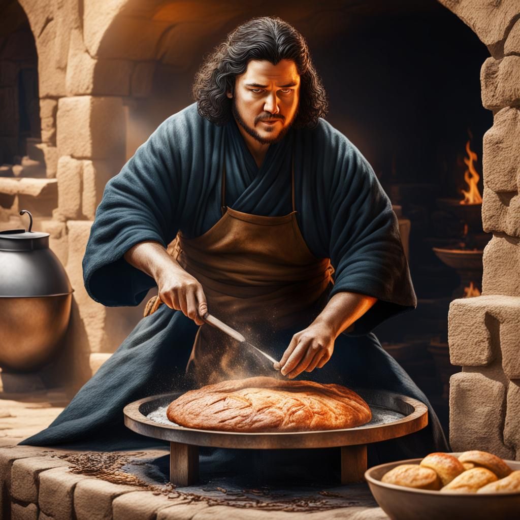 Boy Baking Bread in Outdoor Oven: Digital Art