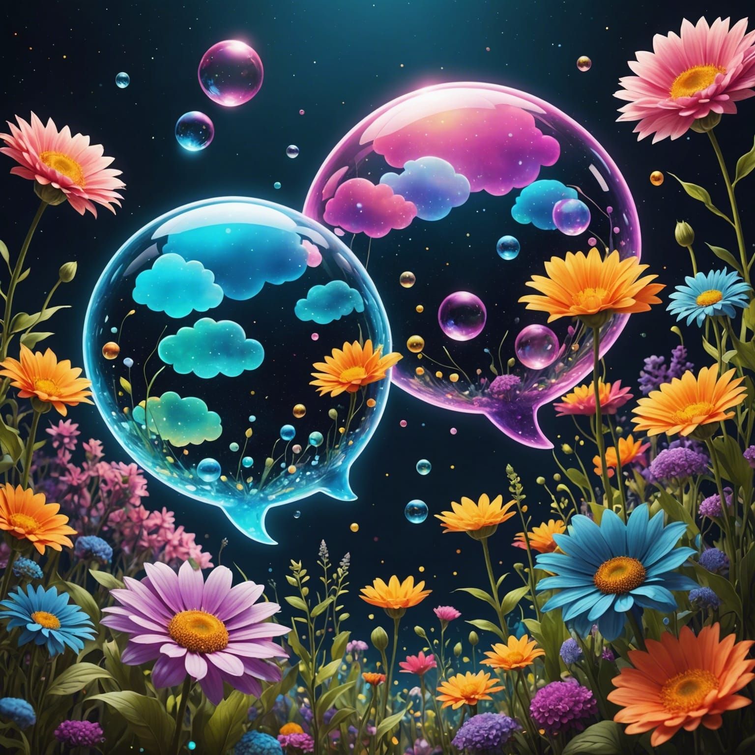 Cosmic Speech Bubbles Above Flowers