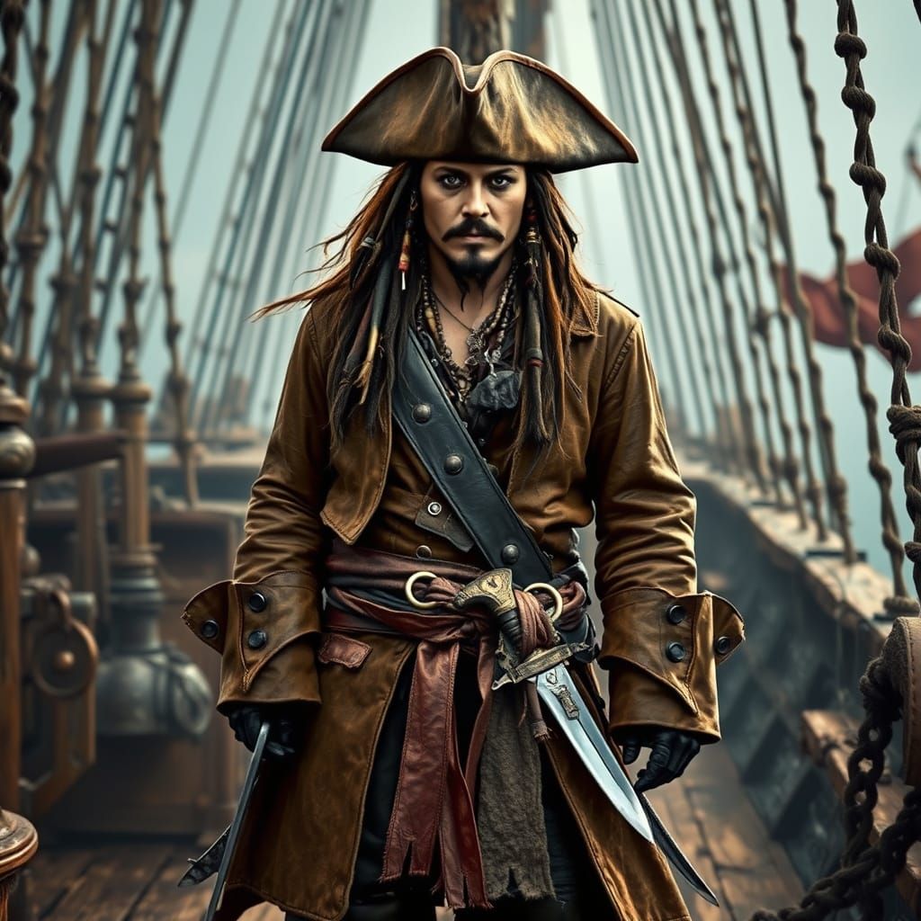 Pirate Captain on Deck in Dramatic Lighting