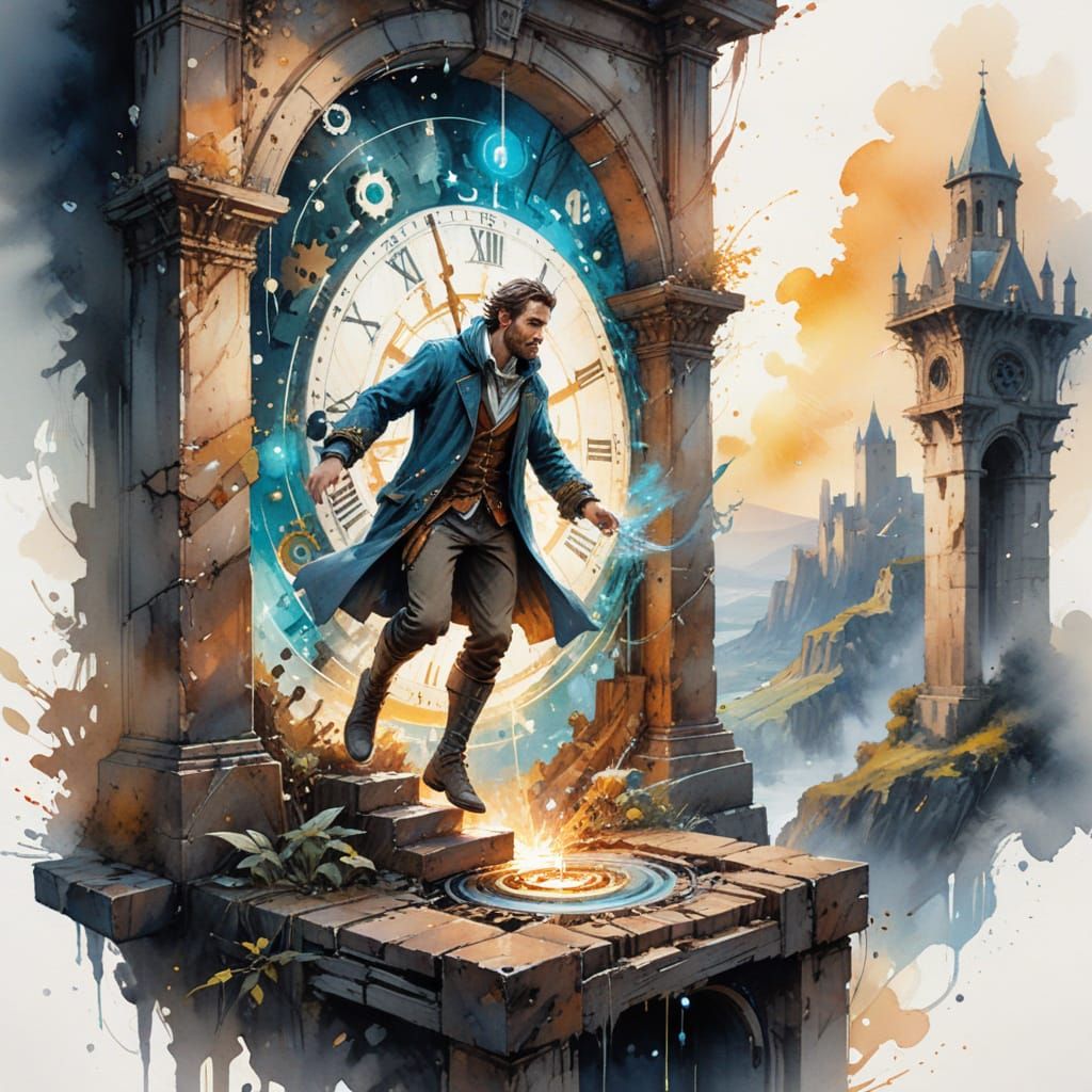 Time Traveler in Harmonious Watercolour Fusion