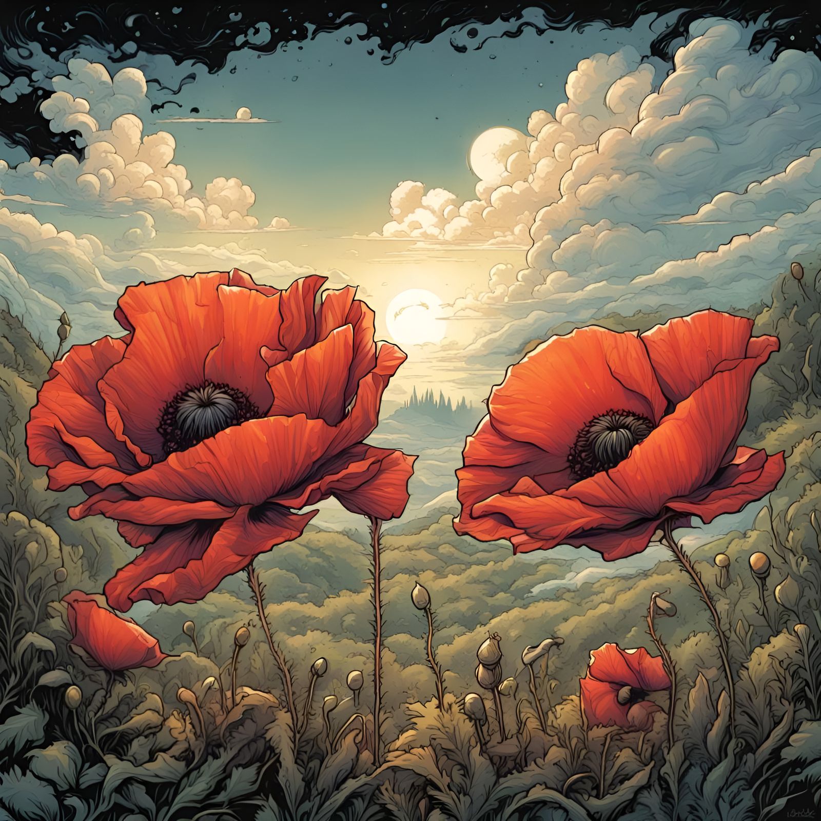 Poppies as Comic Book Art Representing Friendship