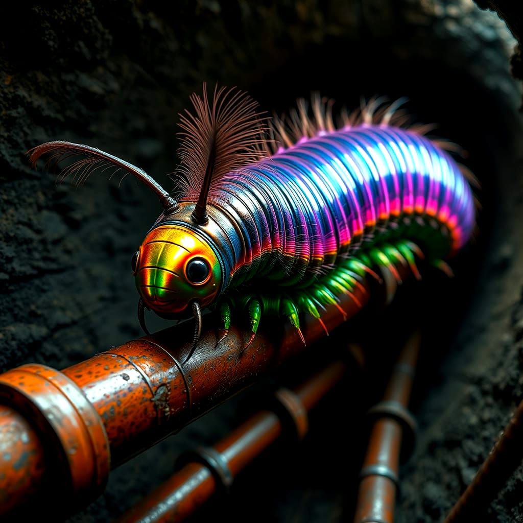 Rainbow Coloured Iridescent Millipede in Steampunk Sewage Tu...
