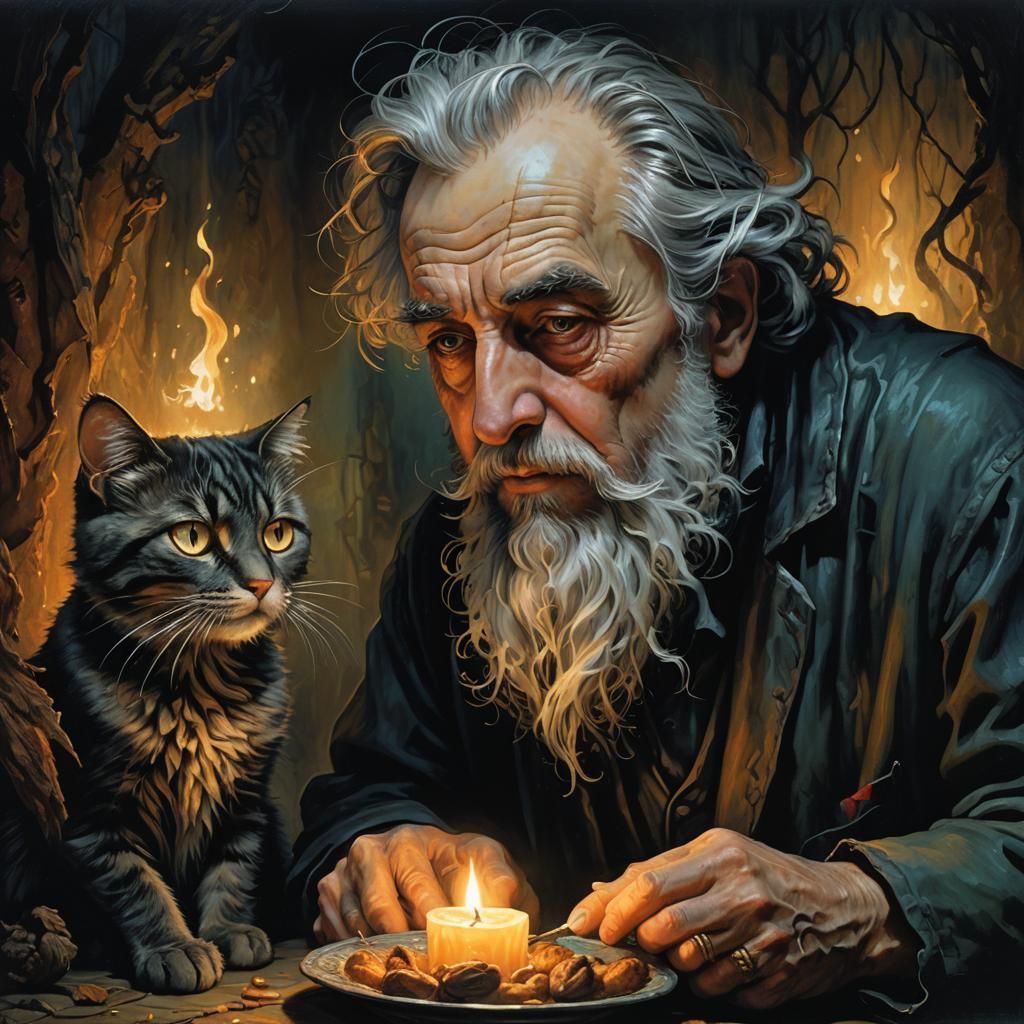 Bearded Man Feeding Cat by Candlelight in Hyperrealism
