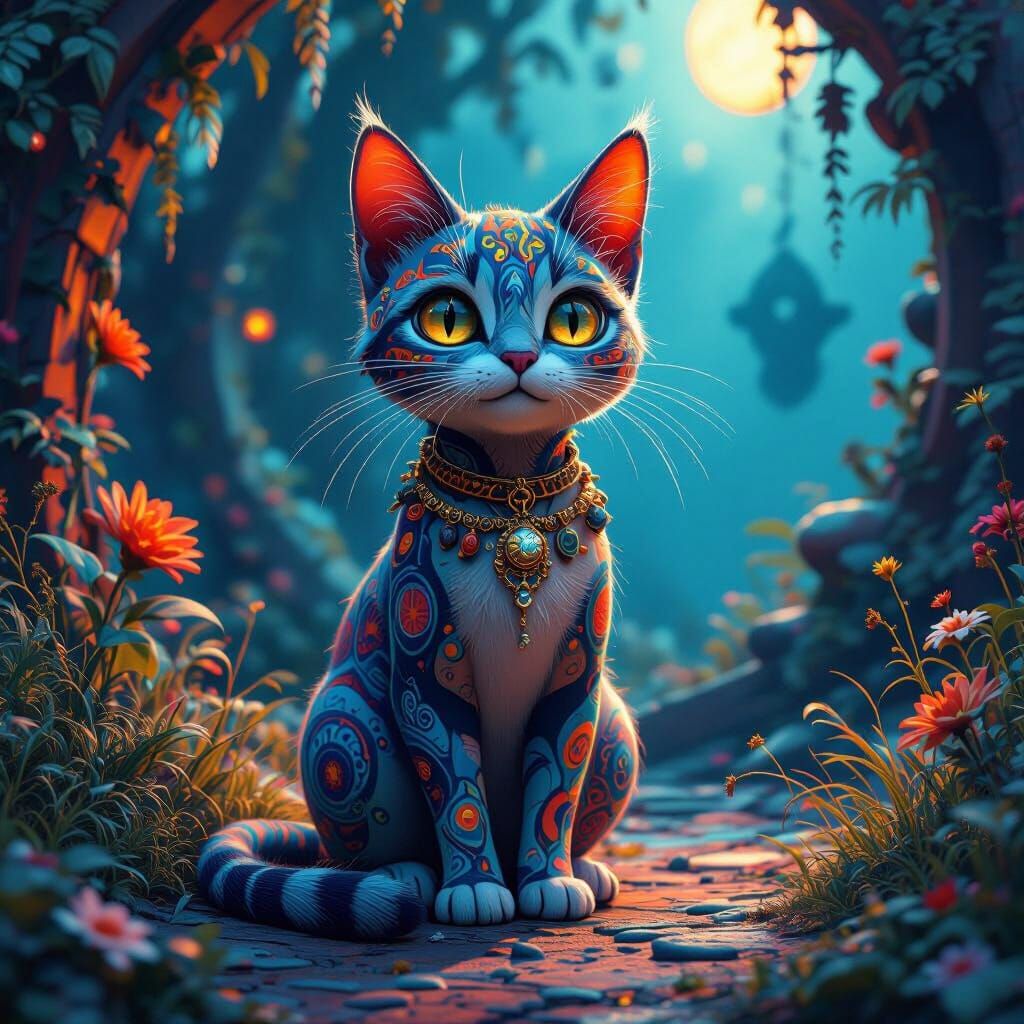 Whimsical Cat in Oranges and Blues, Detailed Matte Painting