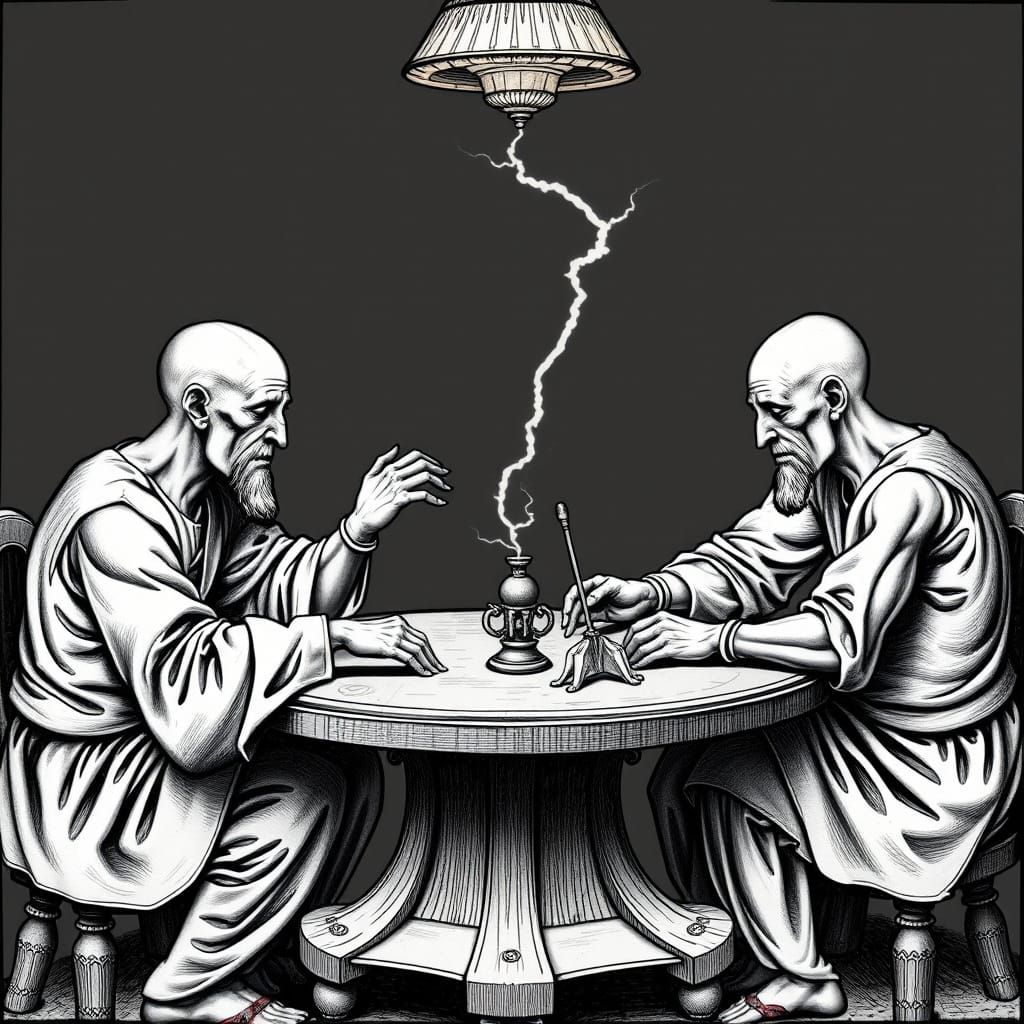 Men Discussing Wildlife in Da Vinci and Surrealist Style