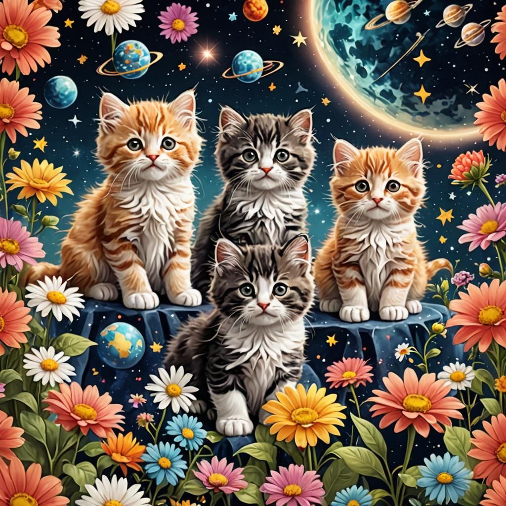 Fluffy Kittens Explore Space with Flower Garden