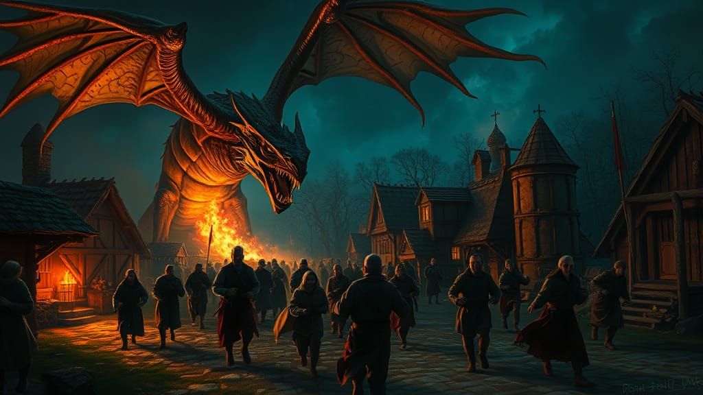 Medieval Hamlet Terrorized by Wyrm in Dark Fantasy Art