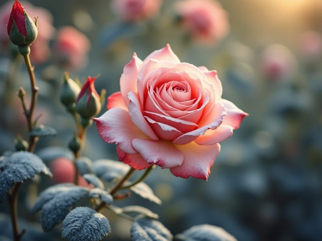 <lora:Inkiness 2:1.0> A single rose carved frosted catching ...