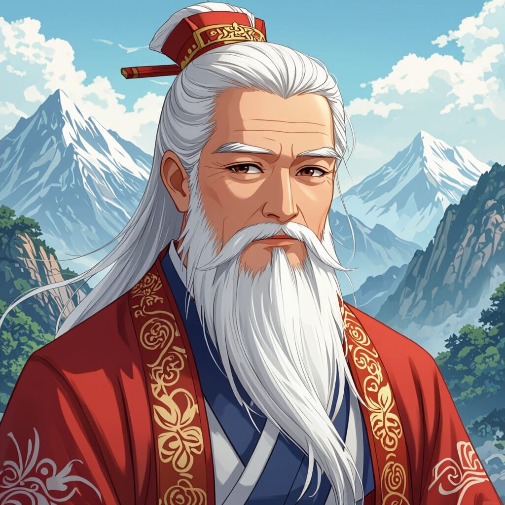 Elderly Chinese Man in Anime Style with Long Beard
