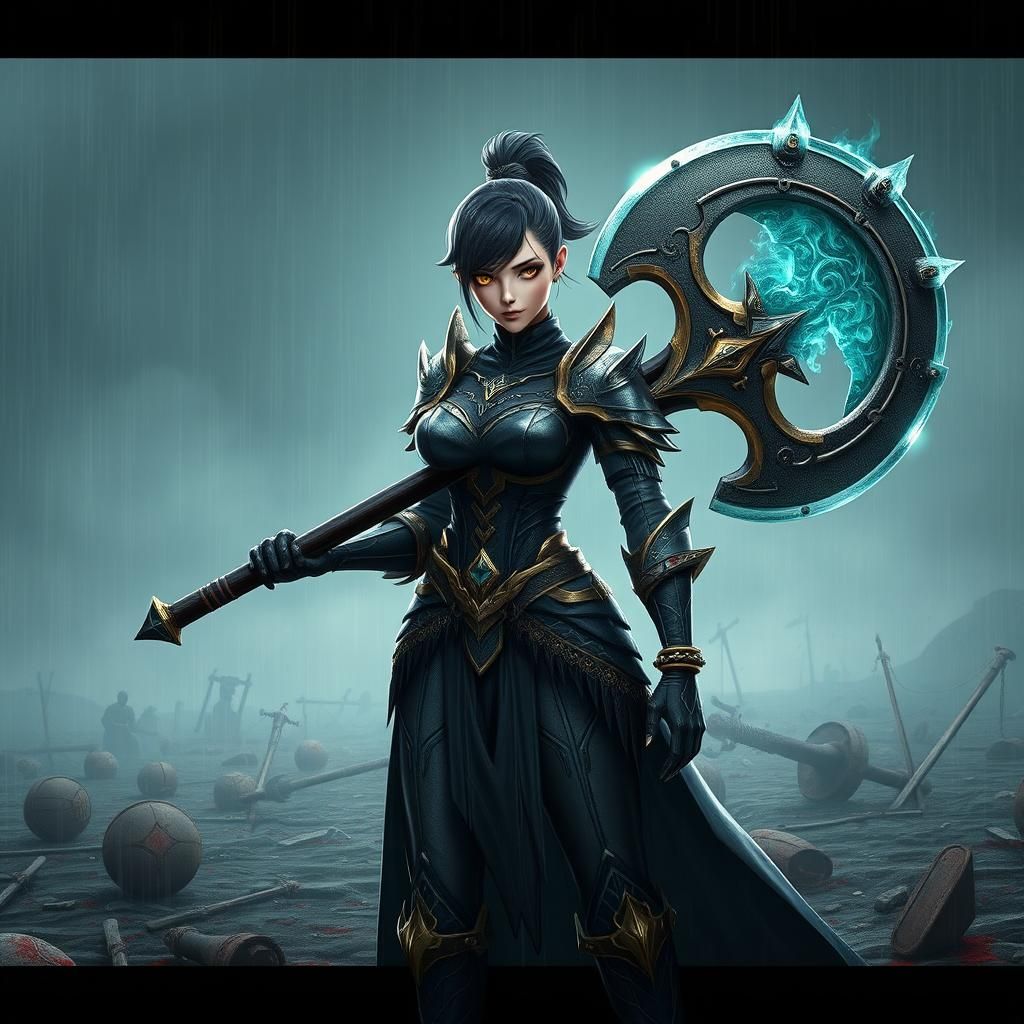 Female Demon Warrior on Battlefield in Digital Art Style